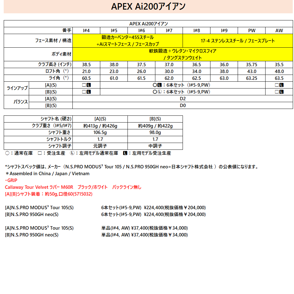 APEX Ai200アイアン【カスタム ロフト調整はオプション】