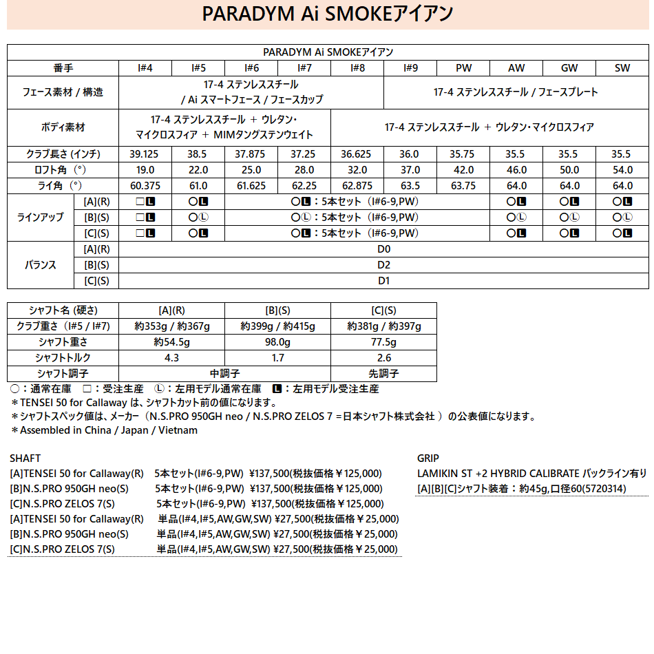 PARADYM Ai SMOKEアイアン【カスタム右用6-PWセット / 左用#4/#5/6-PWセット納期未定】